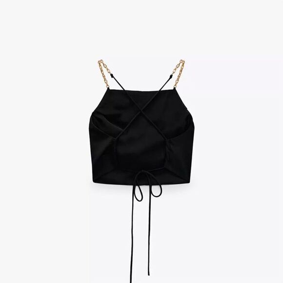 Zara Women's Black Gold Chain Halter Neck Cropped Top Size Large NWT - Picture 4 of 8